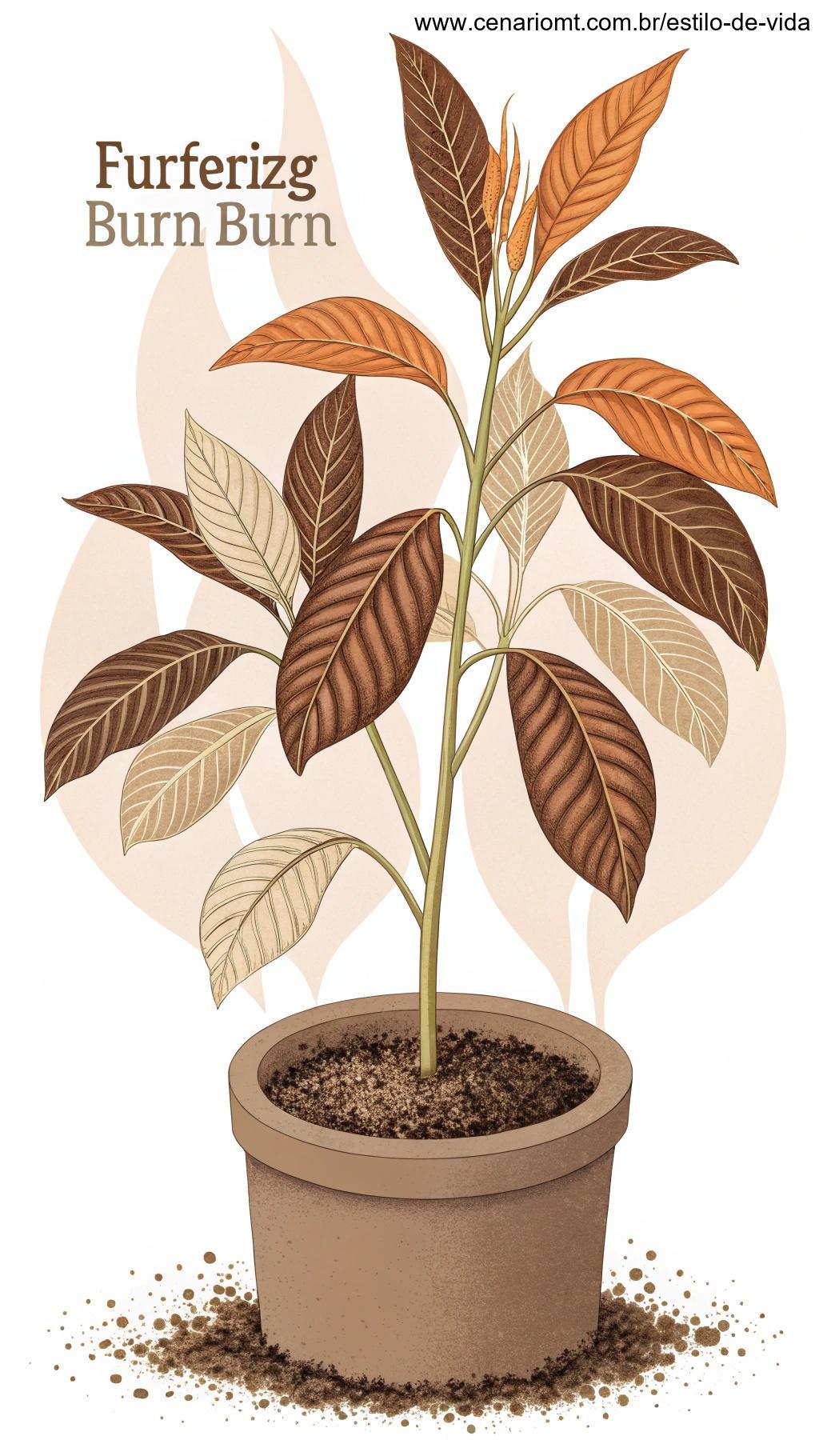 Planta sofrendo com queimadura de fertilizante, com pontas de folhas marrons.