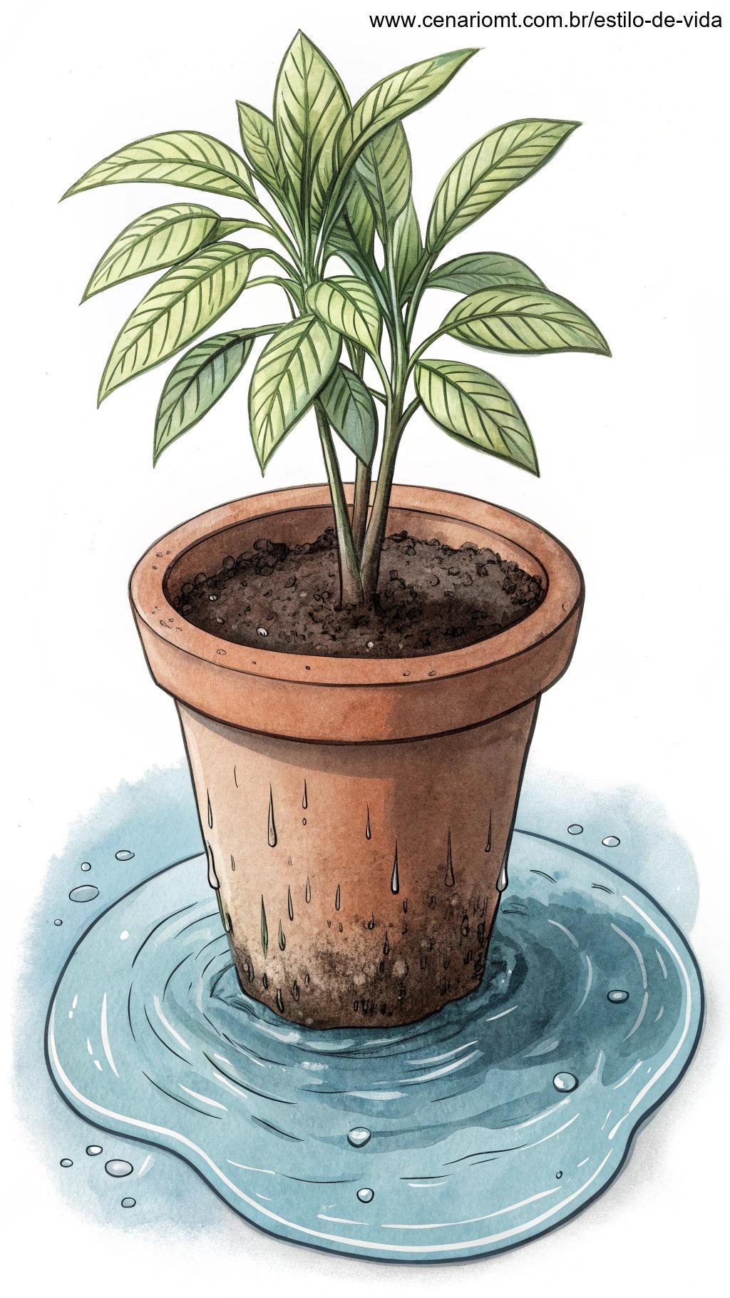 Planta em vaso com drenagem inadequada, acumulando água.