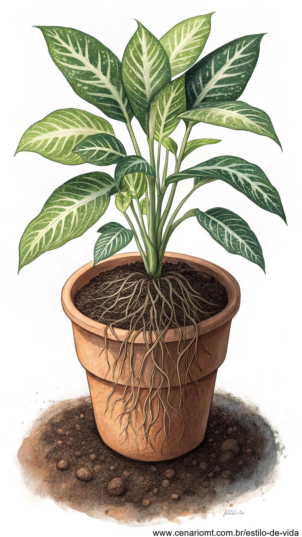 Planta em um vaso muito grande, com solo em excesso ao redor das raízes.