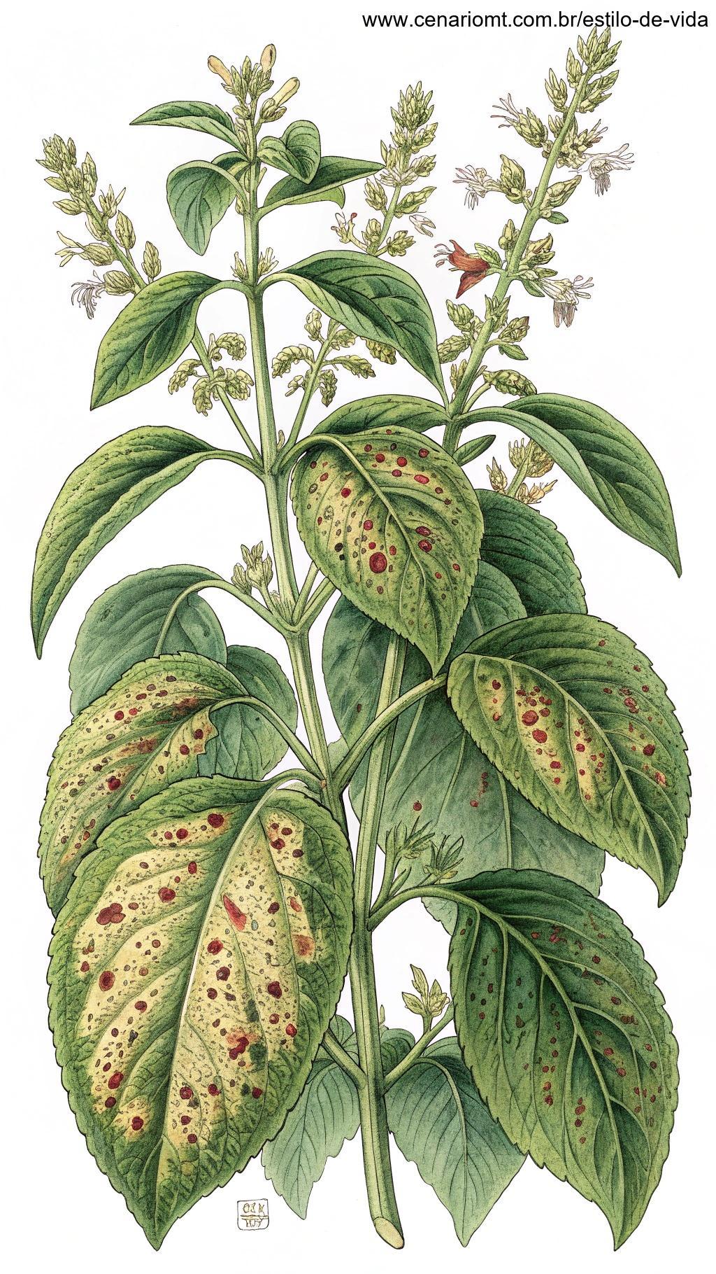 Planta com sinais de doença, como manchas e folhas murchas.