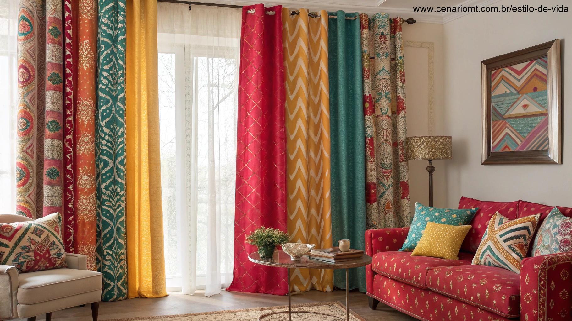 Um ambiente vibrante com cortinas em cores e padrões marcantes, combinando com a decoração e o estilo dos móveis.