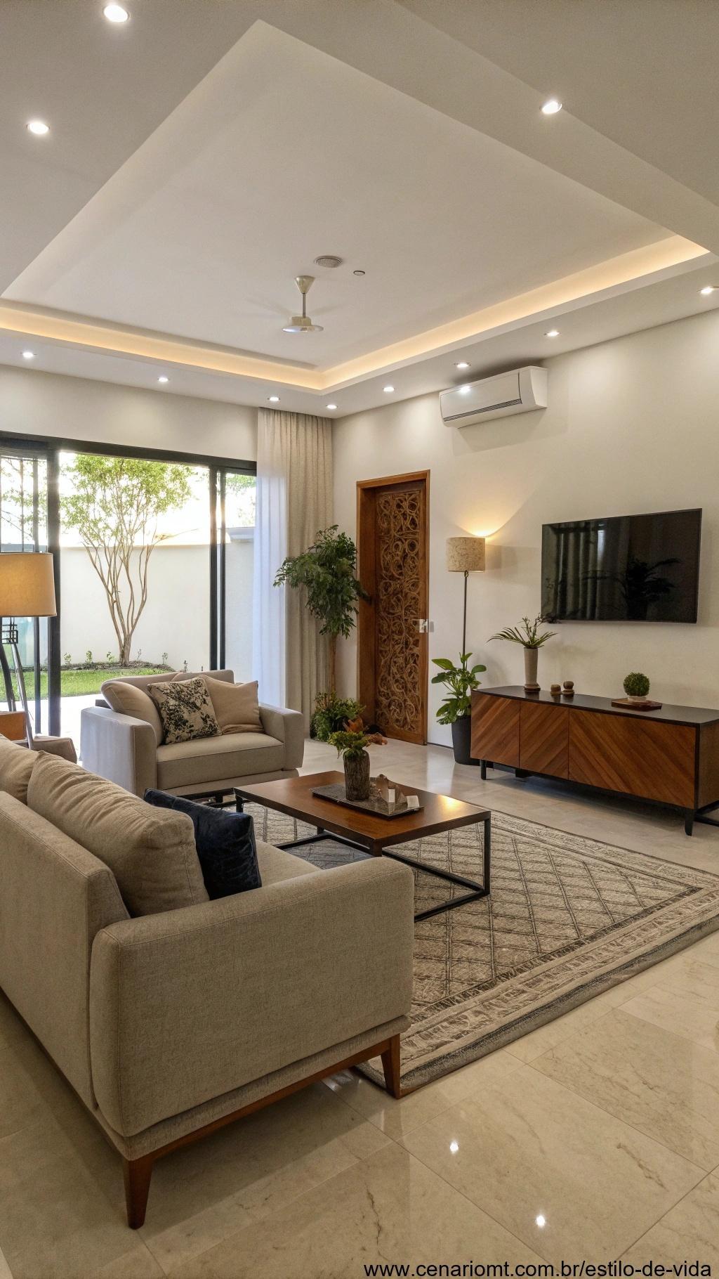 Sala de estar moderna com móveis estrategicamente posicionados longe de áreas úmidas.