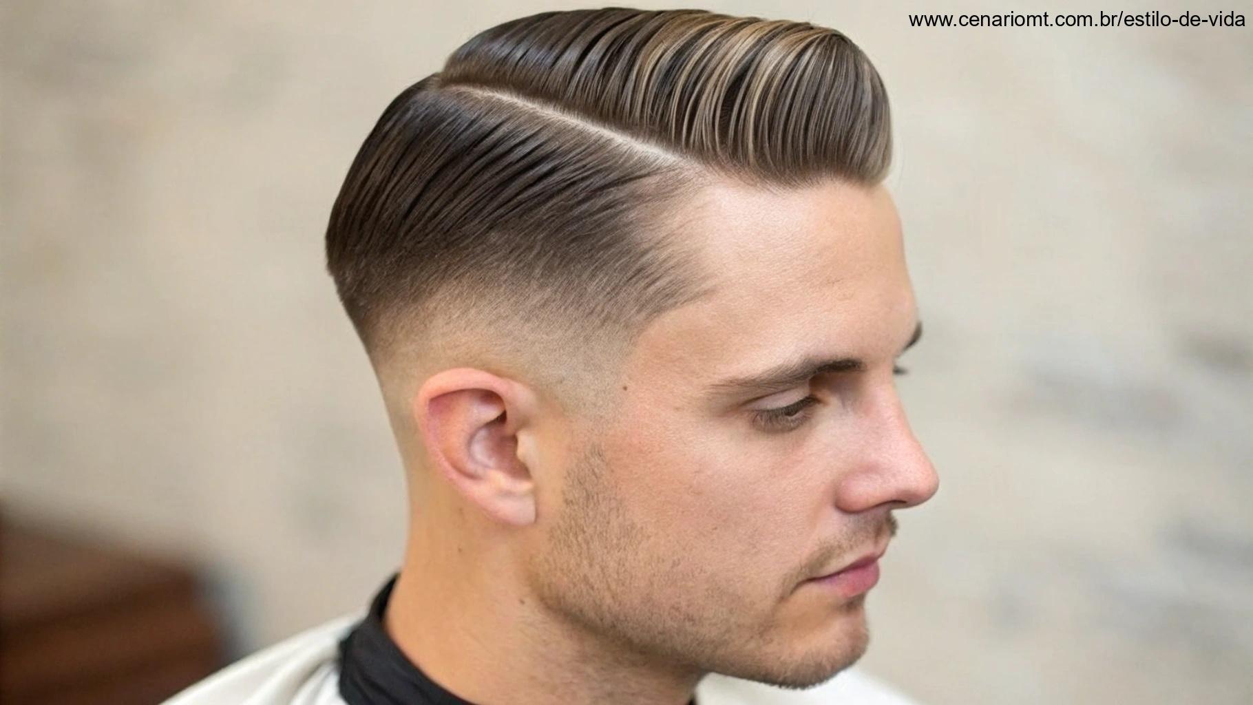 Homem com cabelo liso estilizado em um undercut clássico com risca lateral precisa e bordas bem definidas.