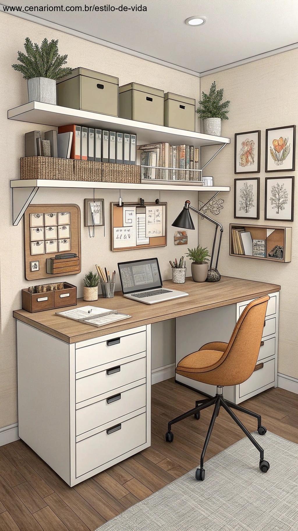 escritório bem organizado com uma mesa arrumada, cadeira ergonômica e arquivos e suprimentos organizados