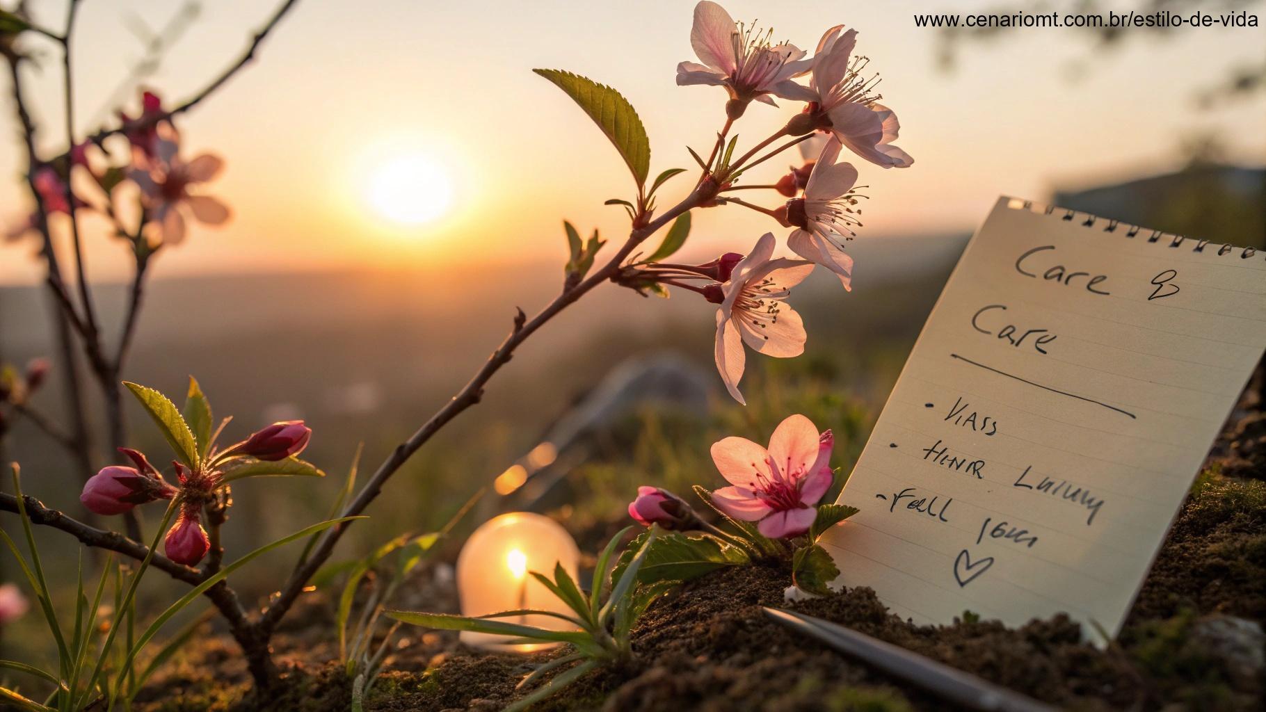 Imagem artística com sol suave, flores desabrochando e nota escrita à mão.