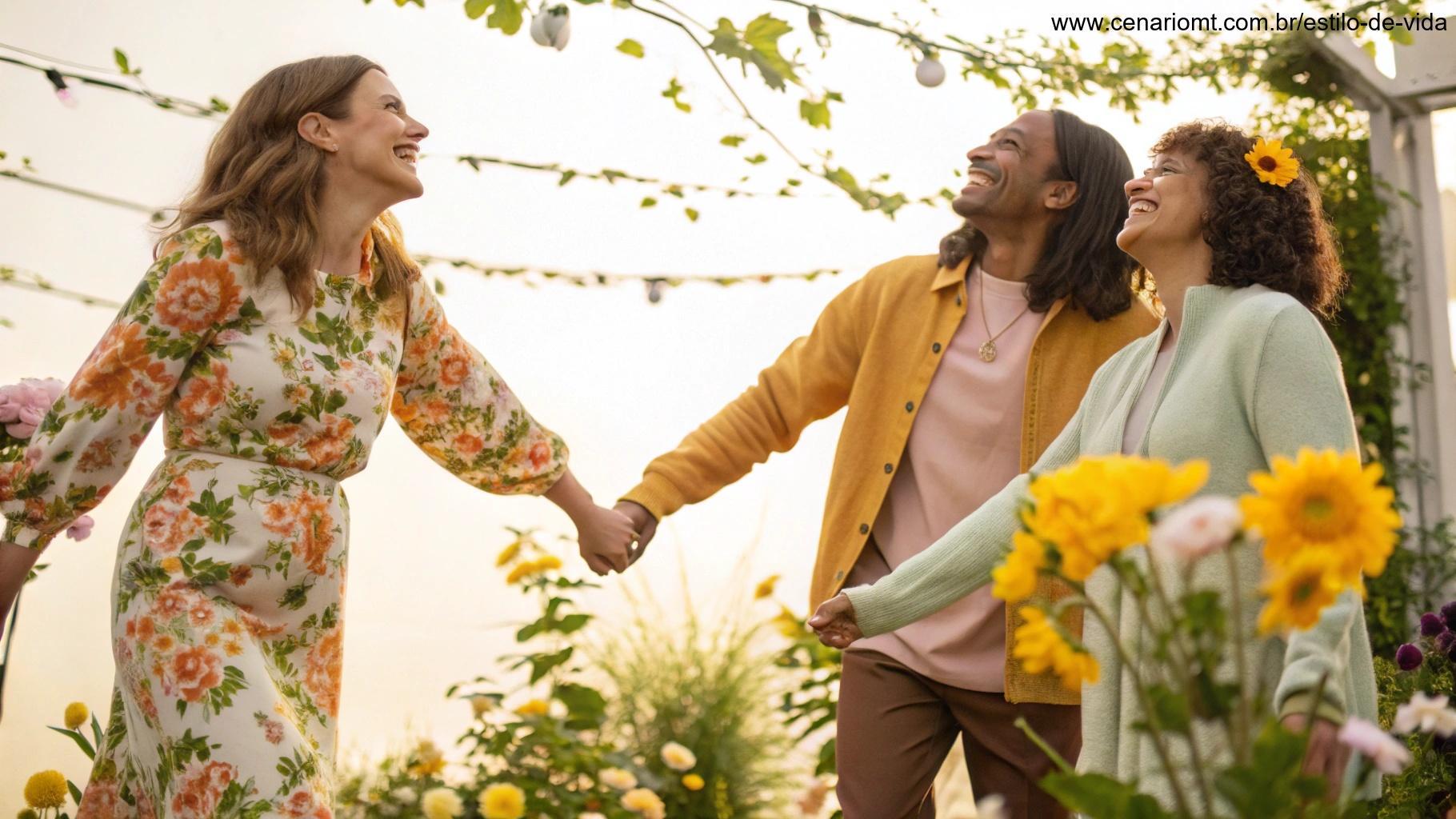 Pessoas sorrindo e de mãos dadas cercadas por luz da manhã e flores.