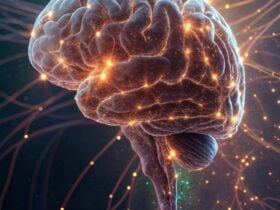 Cérebro futurista com conexões neurais brilhantes, rodeado por padrões abstratos coloridos representando visão e percepção do futuro.