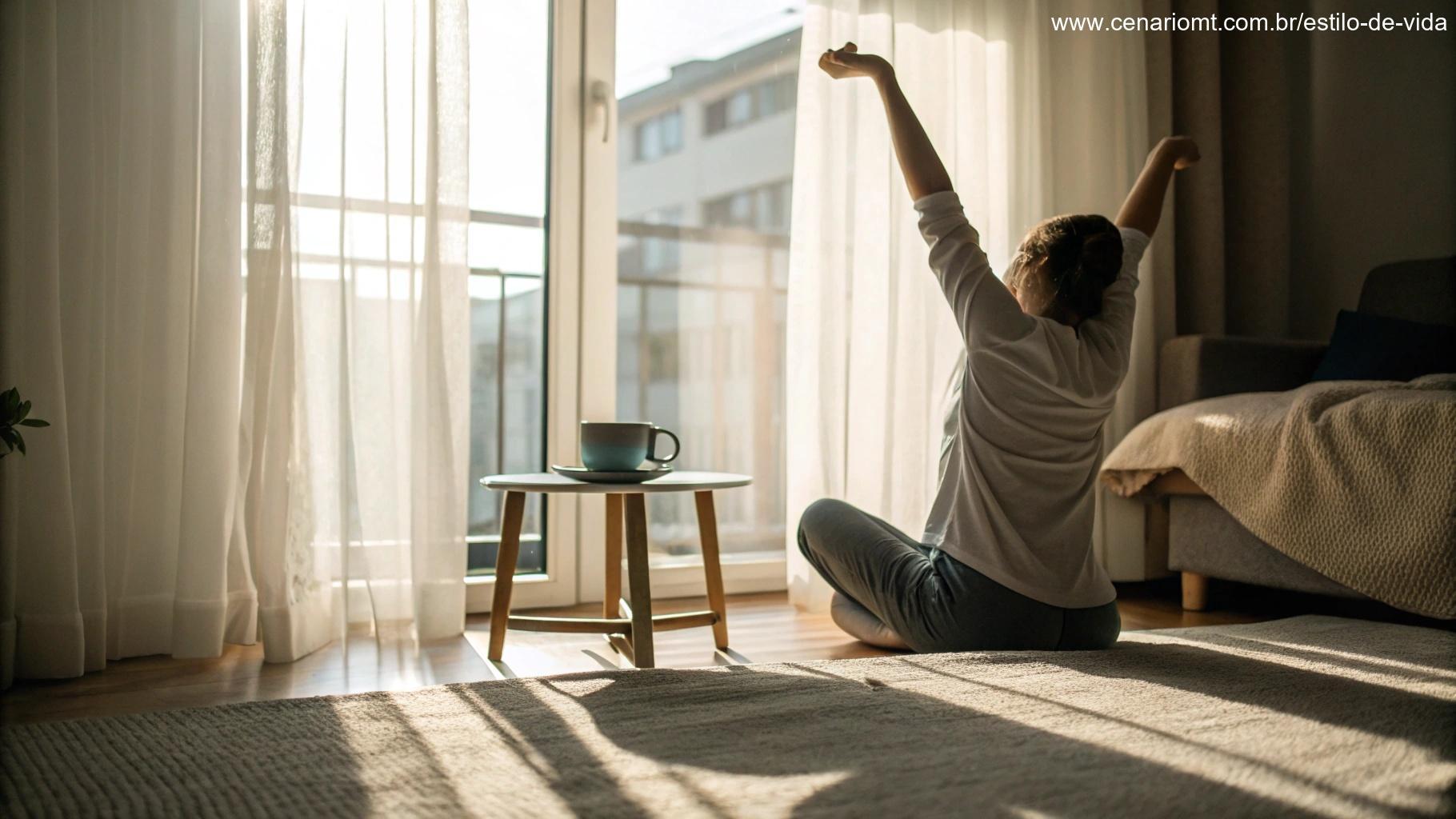Uma cena tranquila de rotina matinal com uma pessoa alongando-se ao lado da janela e uma bebida quente na mesa.