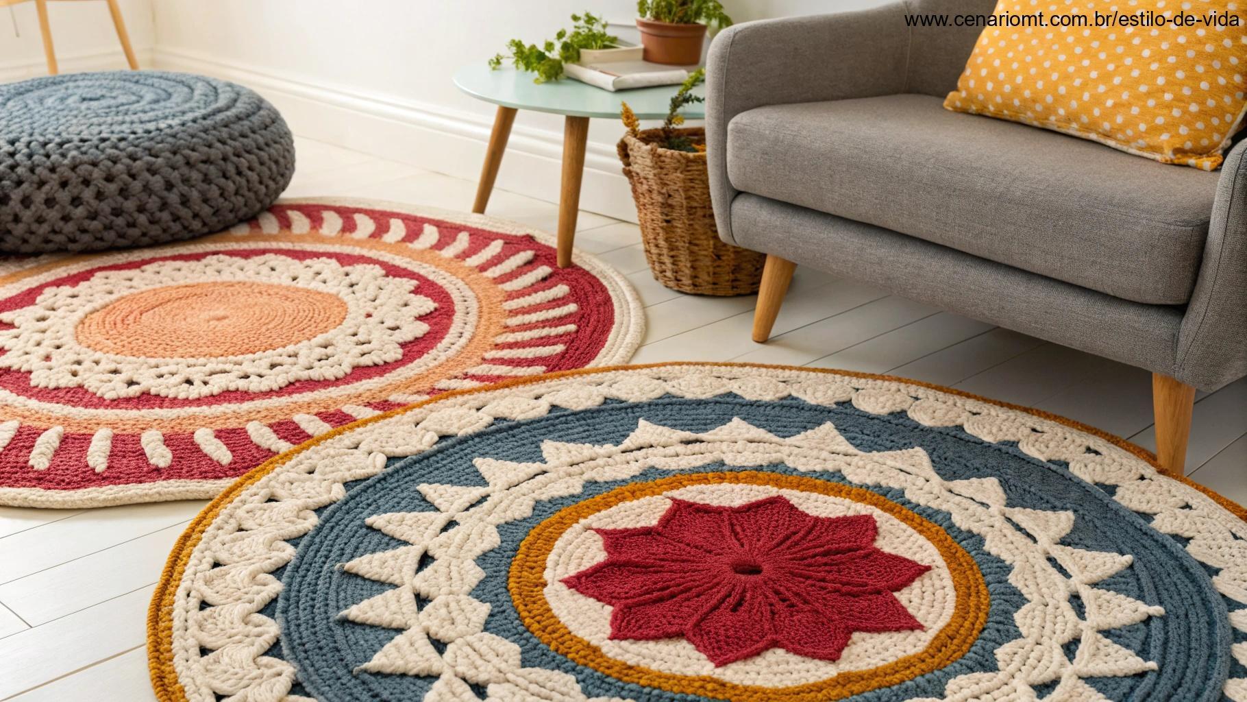 Estilos diversos de tapetes de crochê para 2025, misturando designs tradicionais com elementos modernos e paletas de cores ousadas.