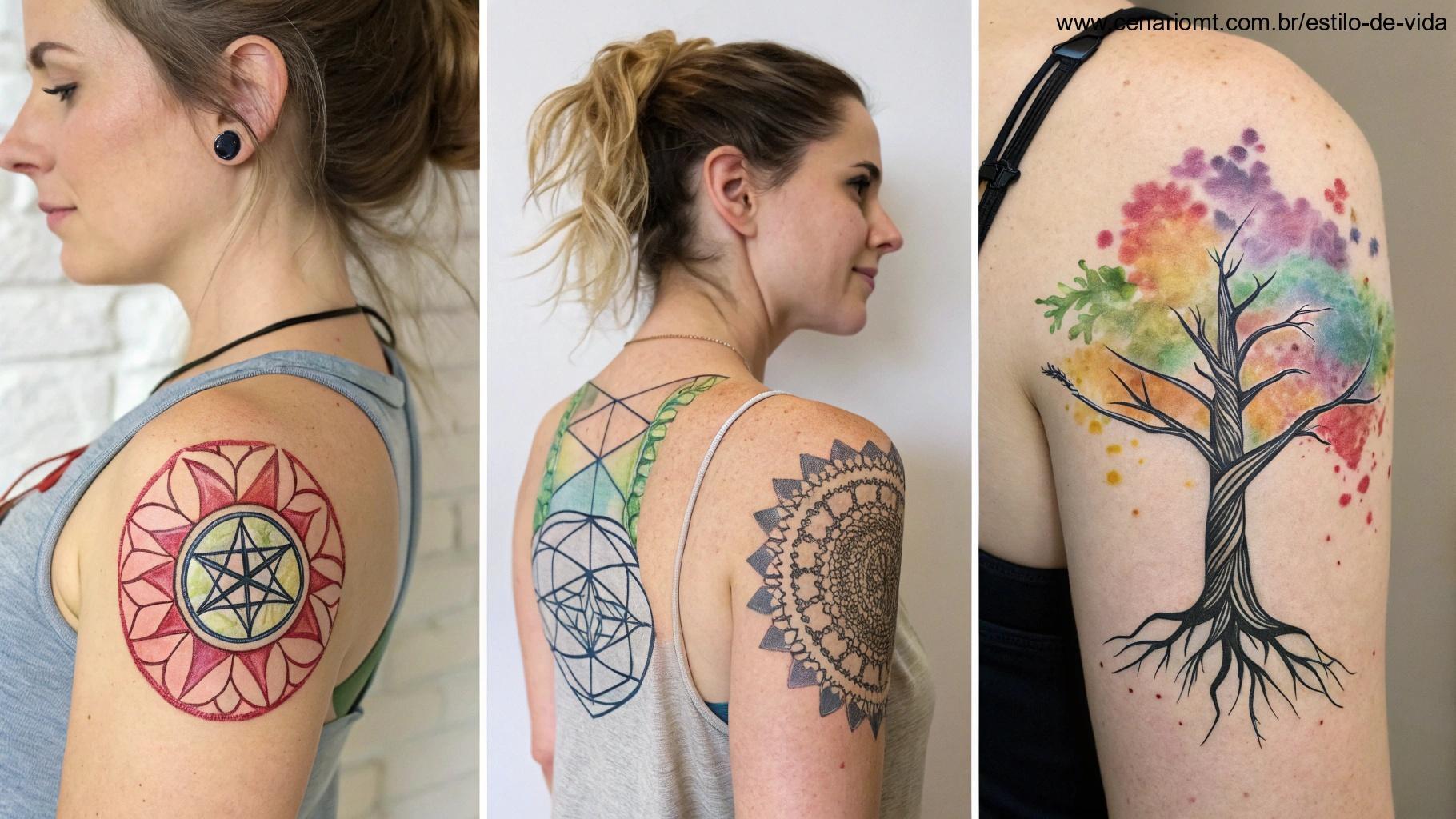 Vários estilos de tatuagem feminina da Árvore da Vida, incluindo aquarela, geométrico e tradicional, aplicados em diferentes partes do corpo.