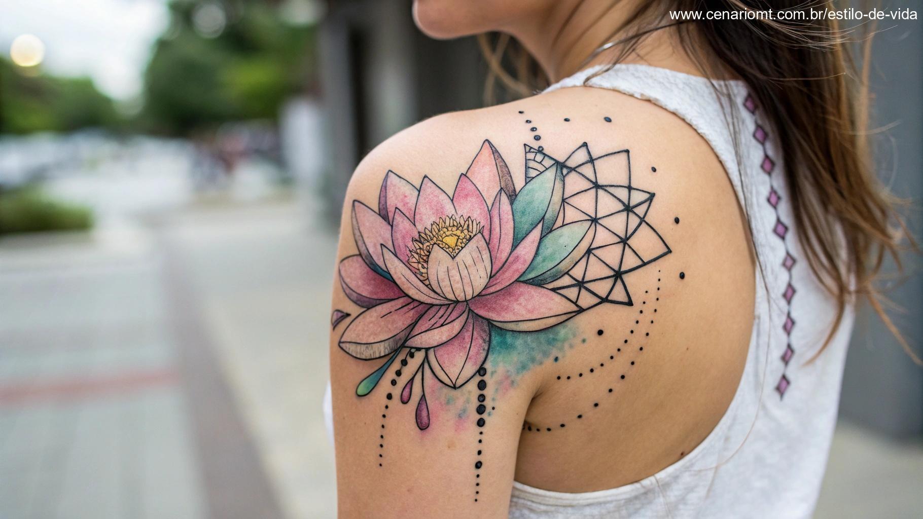 Tatuagem de flor de lótus em aquarela com detalhes geométricos, combinando cores suaves e traços precisos.