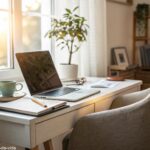 Um ambiente de escritório confortável e produtivo em casa com mesa limpa, laptop, cadeira confortável e luz suave.
