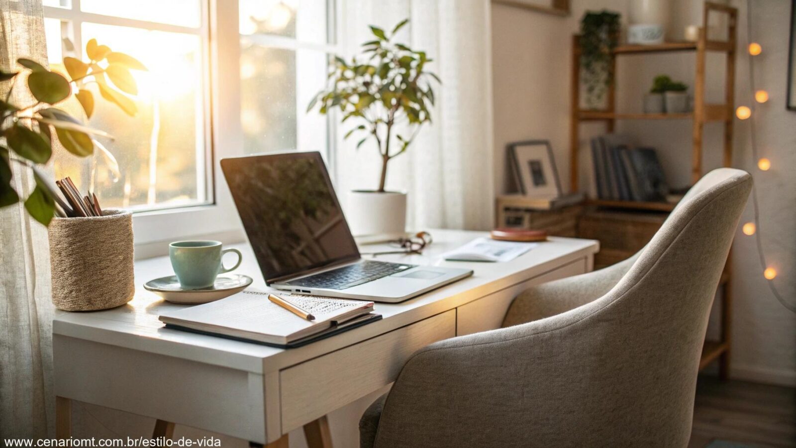 Um ambiente de escritório confortável e produtivo em casa com mesa limpa, laptop, cadeira confortável e luz suave.