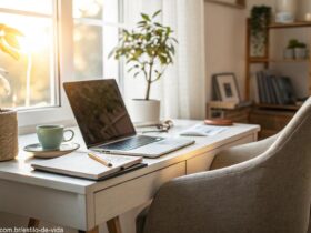 Um ambiente de escritório confortável e produtivo em casa com mesa limpa, laptop, cadeira confortável e luz suave.
