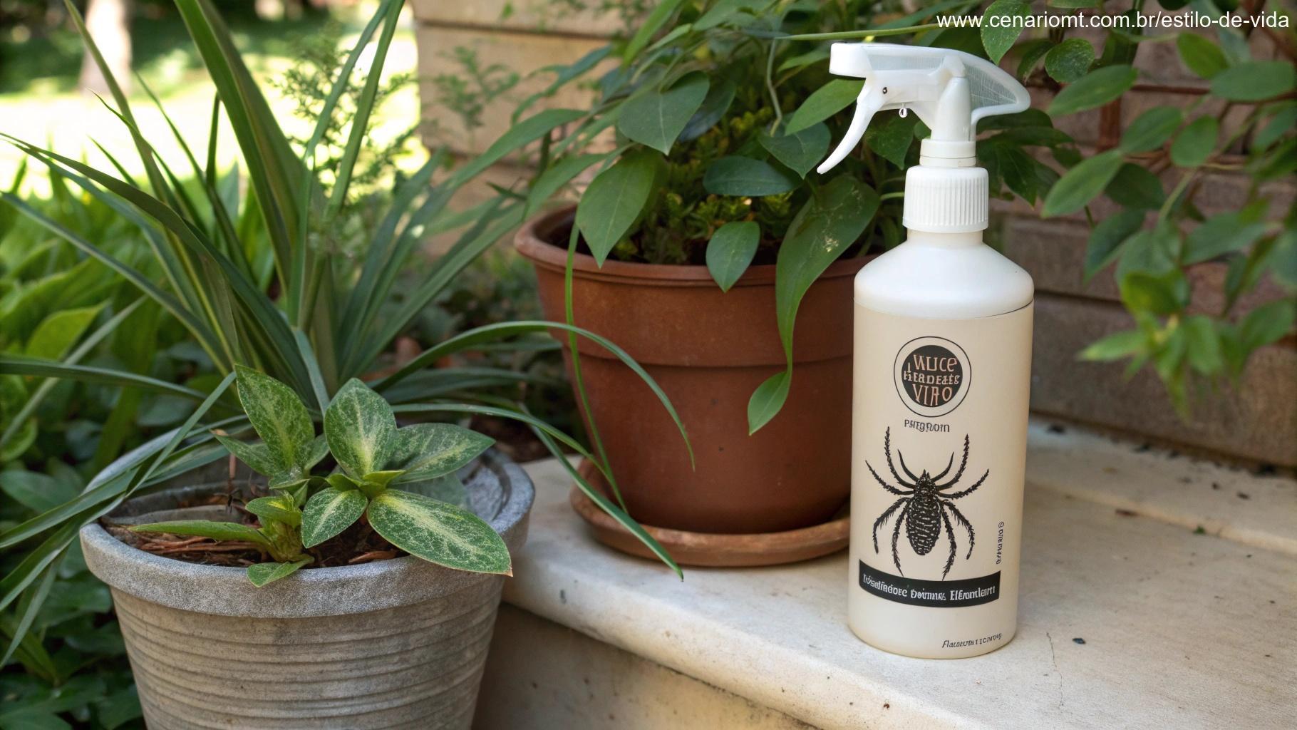 Uma garrafinha de spray caseiro para repelir aranhas ao lado de uma planta.