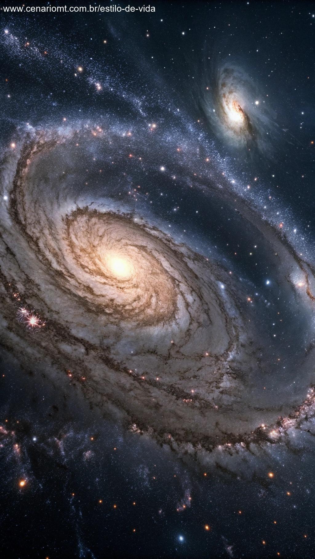Imagem mostrando os fenômenos misteriosos da matéria escura e energia escura, com galáxias girando e forças invisíveis puxando o tecido do universo.