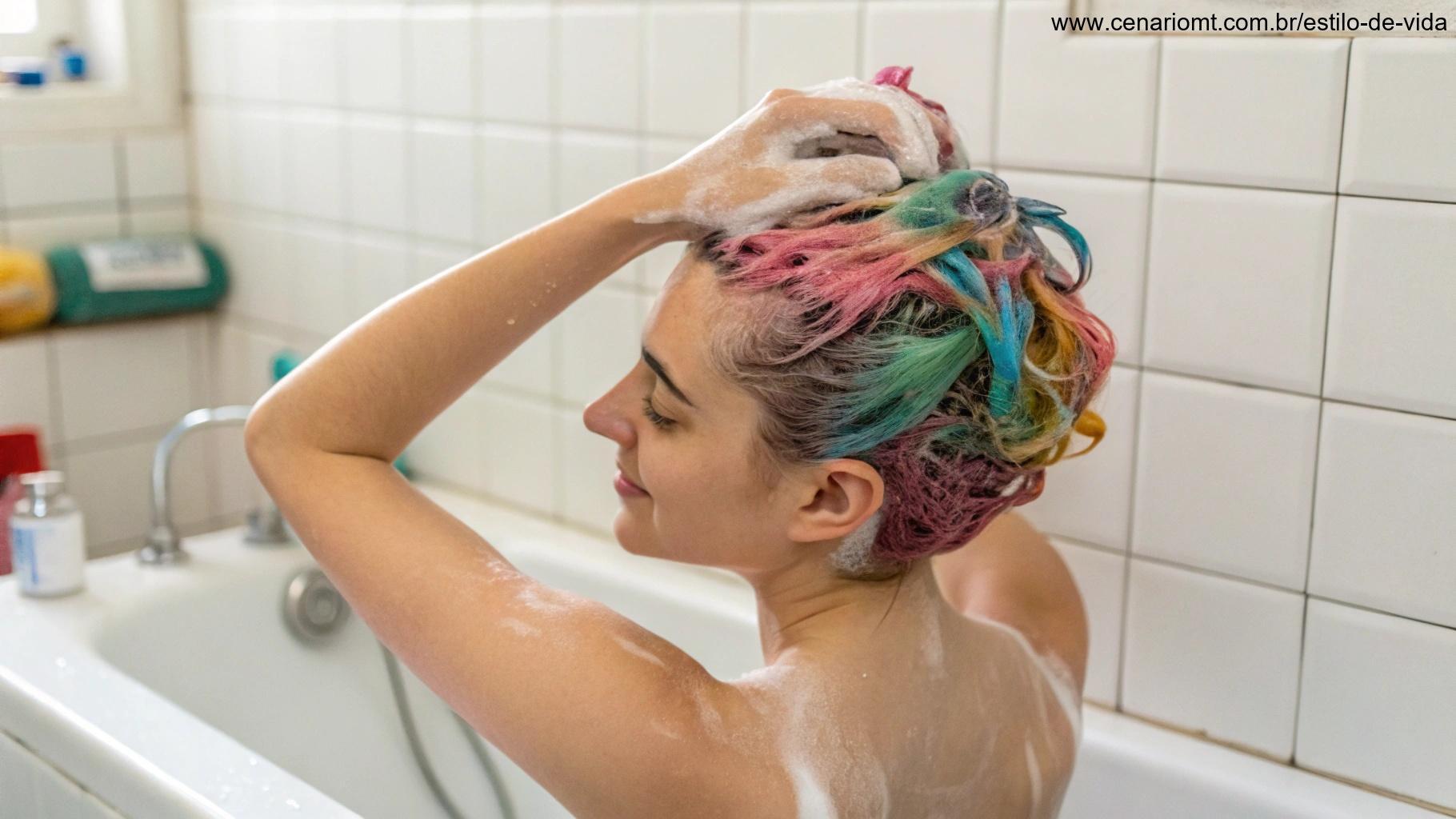 Cabelos vibrantes sendo lavados suavemente com shampoo sem sulfato