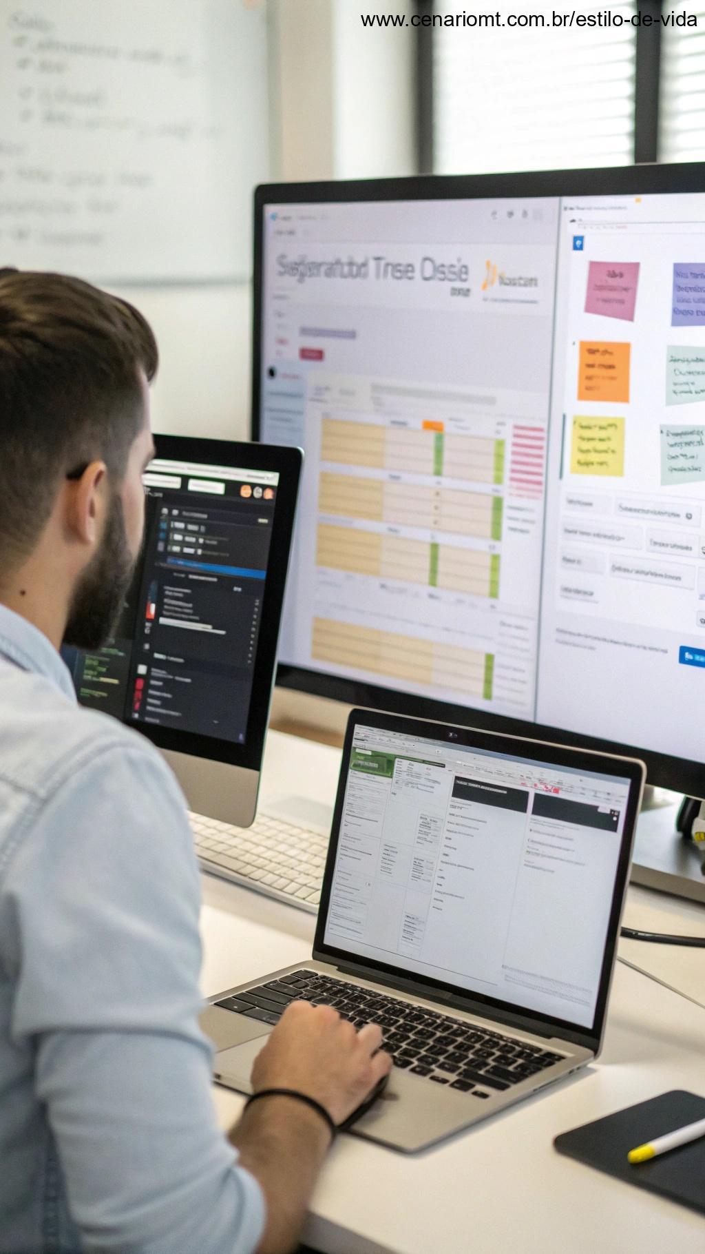 Ambiente de trabalho moderno com várias tarefas abertas no computador, mas uma pessoa focando em uma única atividade.