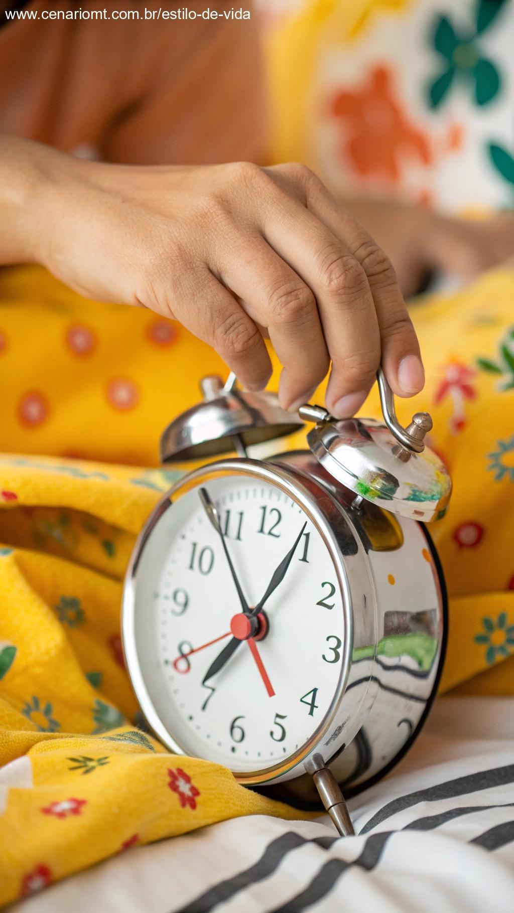 Mão prestes a apertar o botão soneca do despertador.
