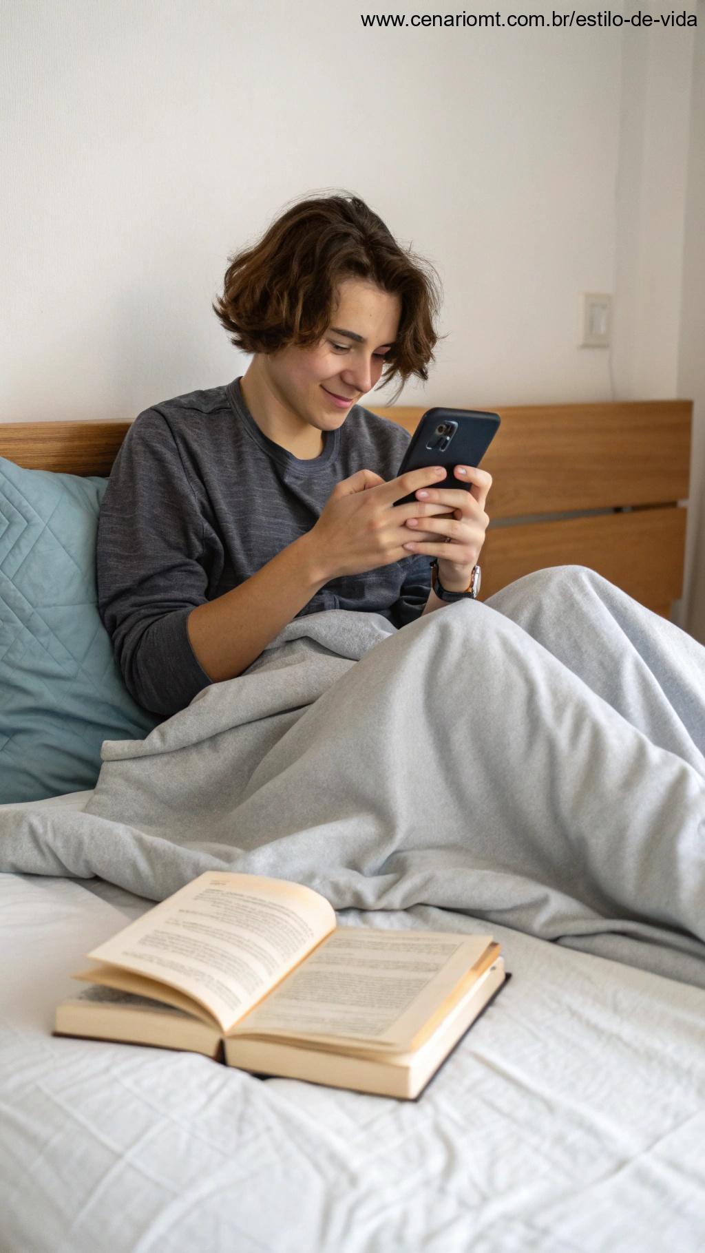 Pessoa evitando mexer no celular ao acordar.