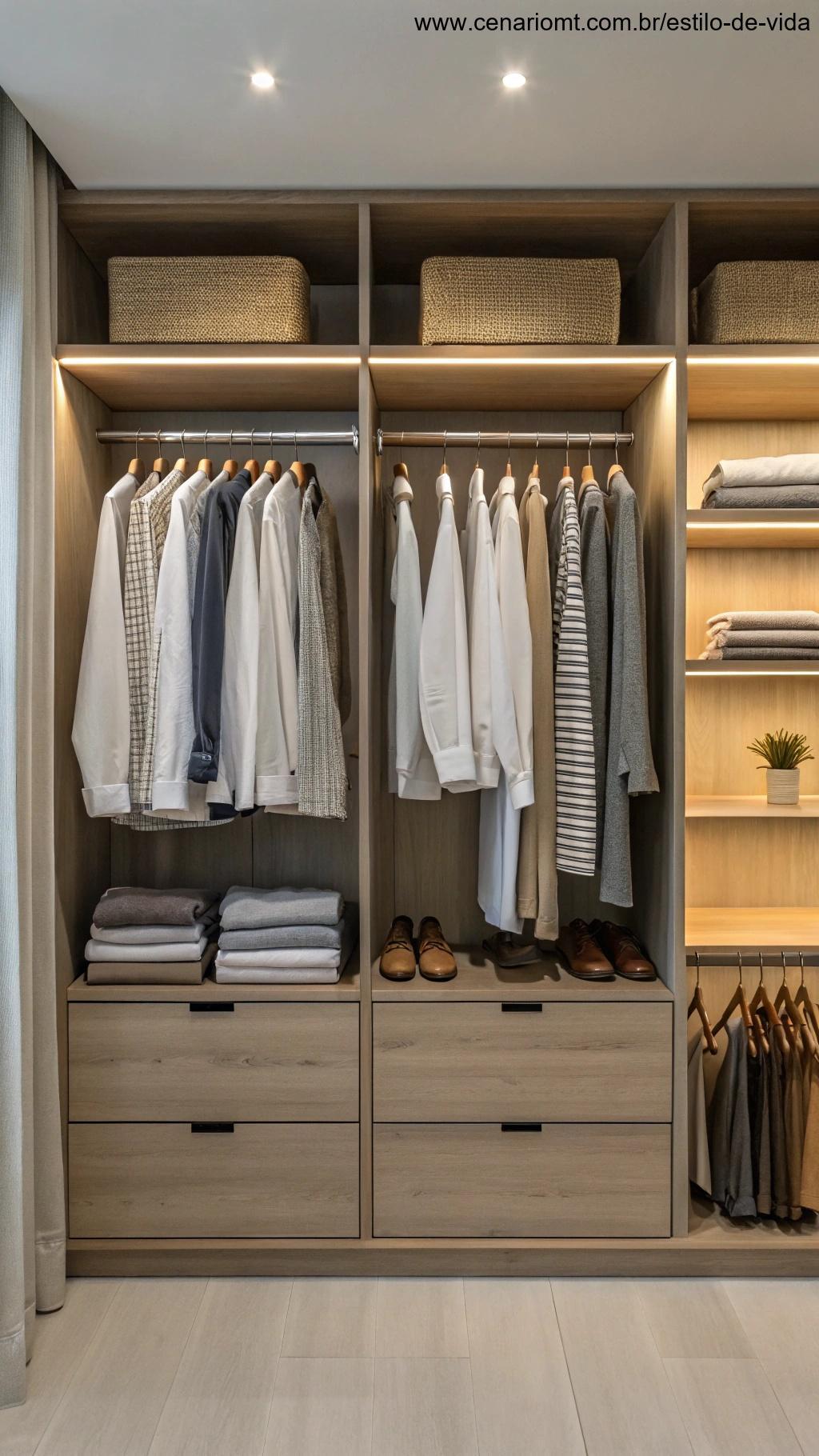 Guarda-roupa organizado destacando a importância de evitar roupas úmidas.