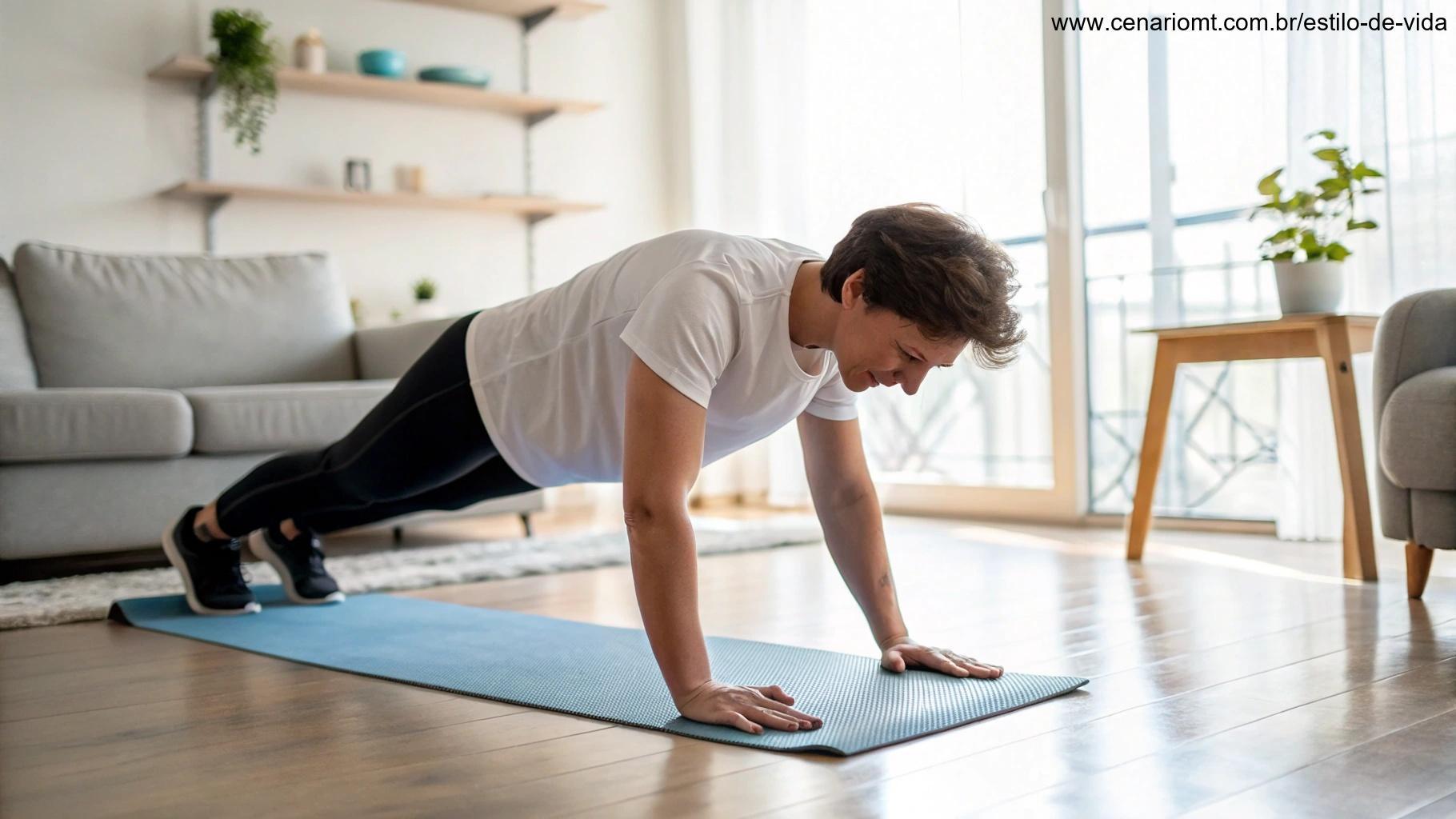 Exercícios simples e eficientes feitos em casa com tapete de yoga.