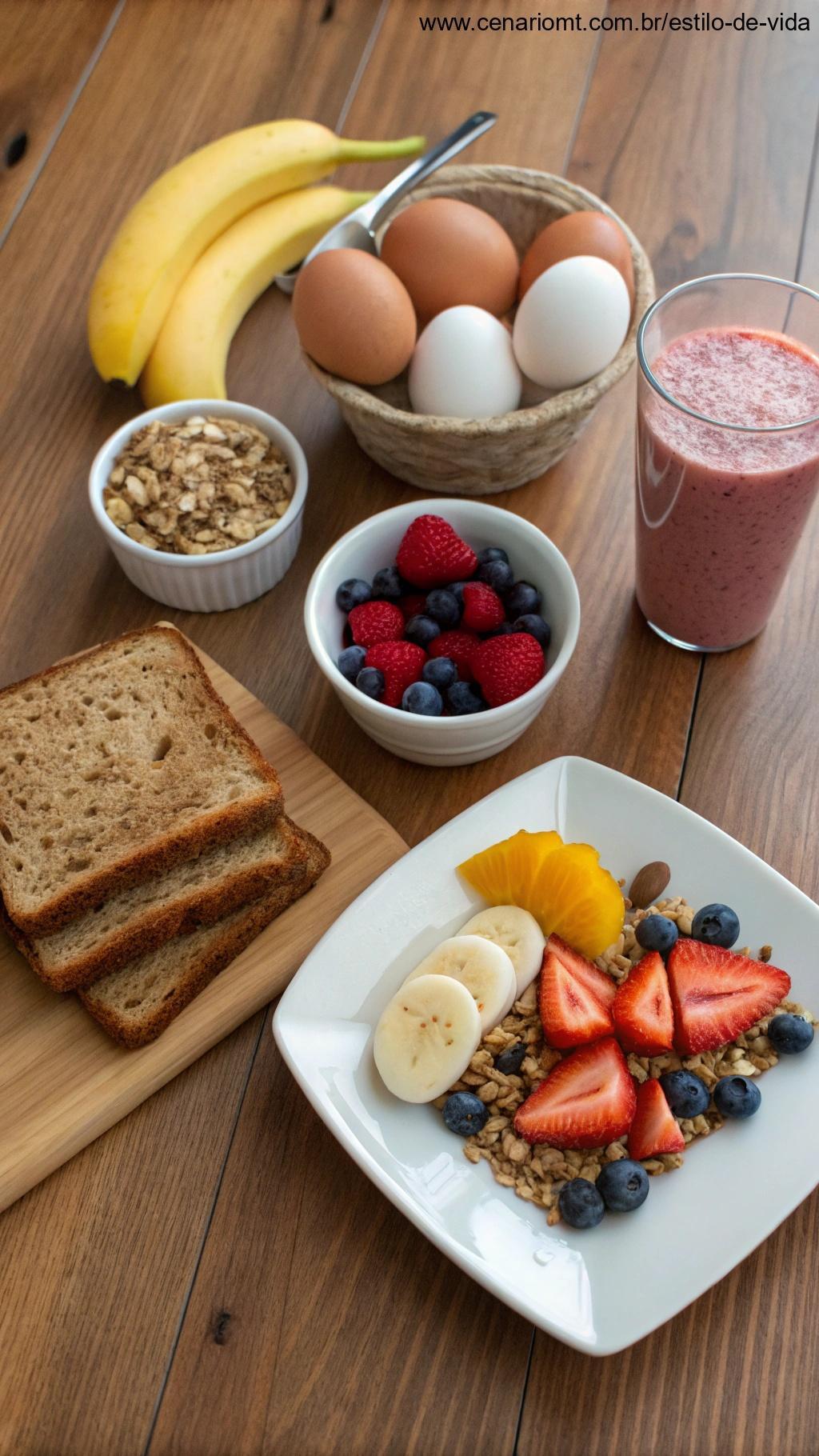 Café da manhã saudável com frutas, ovos e torradas integrais.
