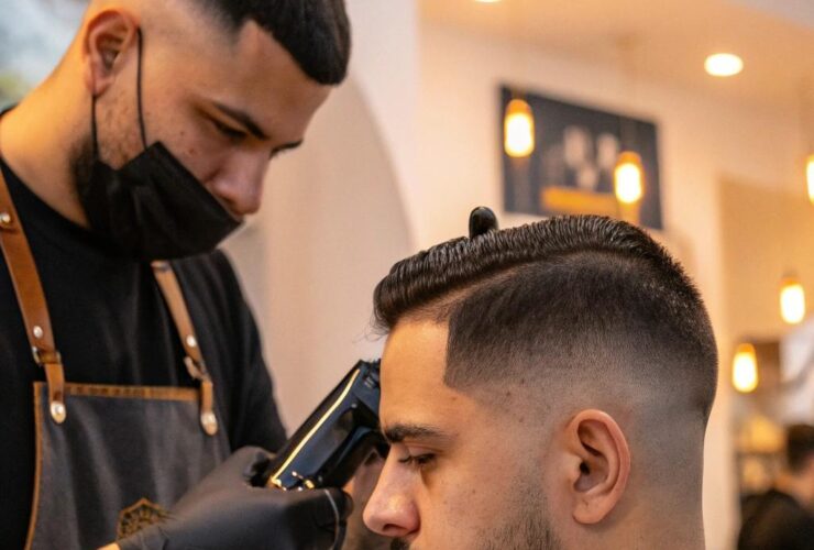 Homem em uma barbearia moderna recebendo um corte fade