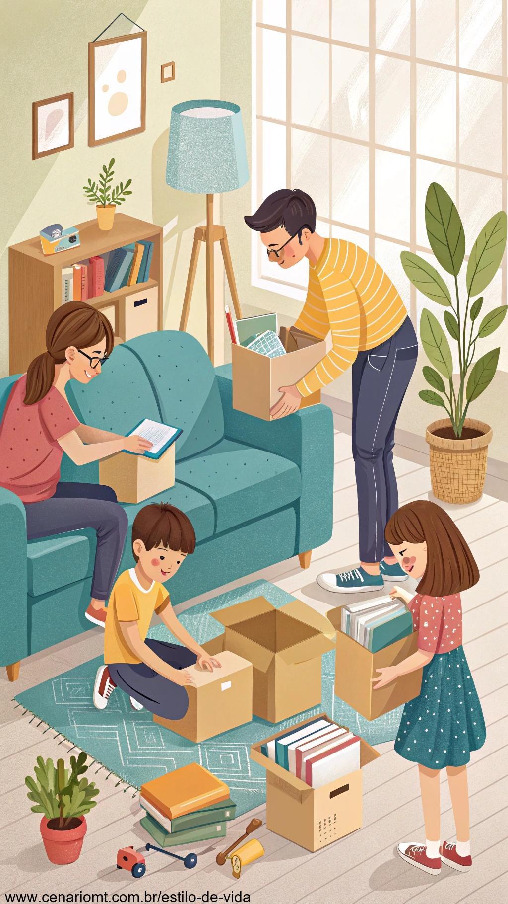 família organizando uma sala de estar, separando itens em caixas e rearrumando móveis