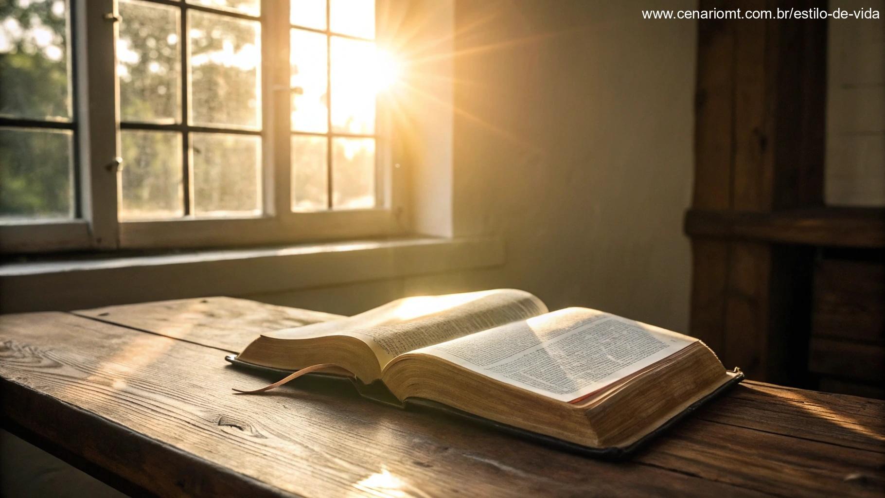 Bíblia aberta sobre a mesa com luz suave, representando a força da Palavra de Deus.