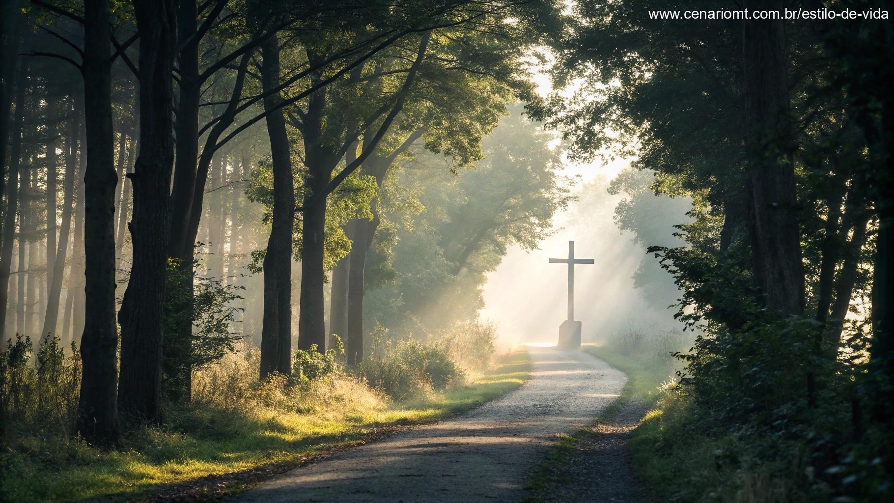 Caminho tranquilo através de uma floresta com névoa matinal suave e uma cruz brilhante ao fundo.