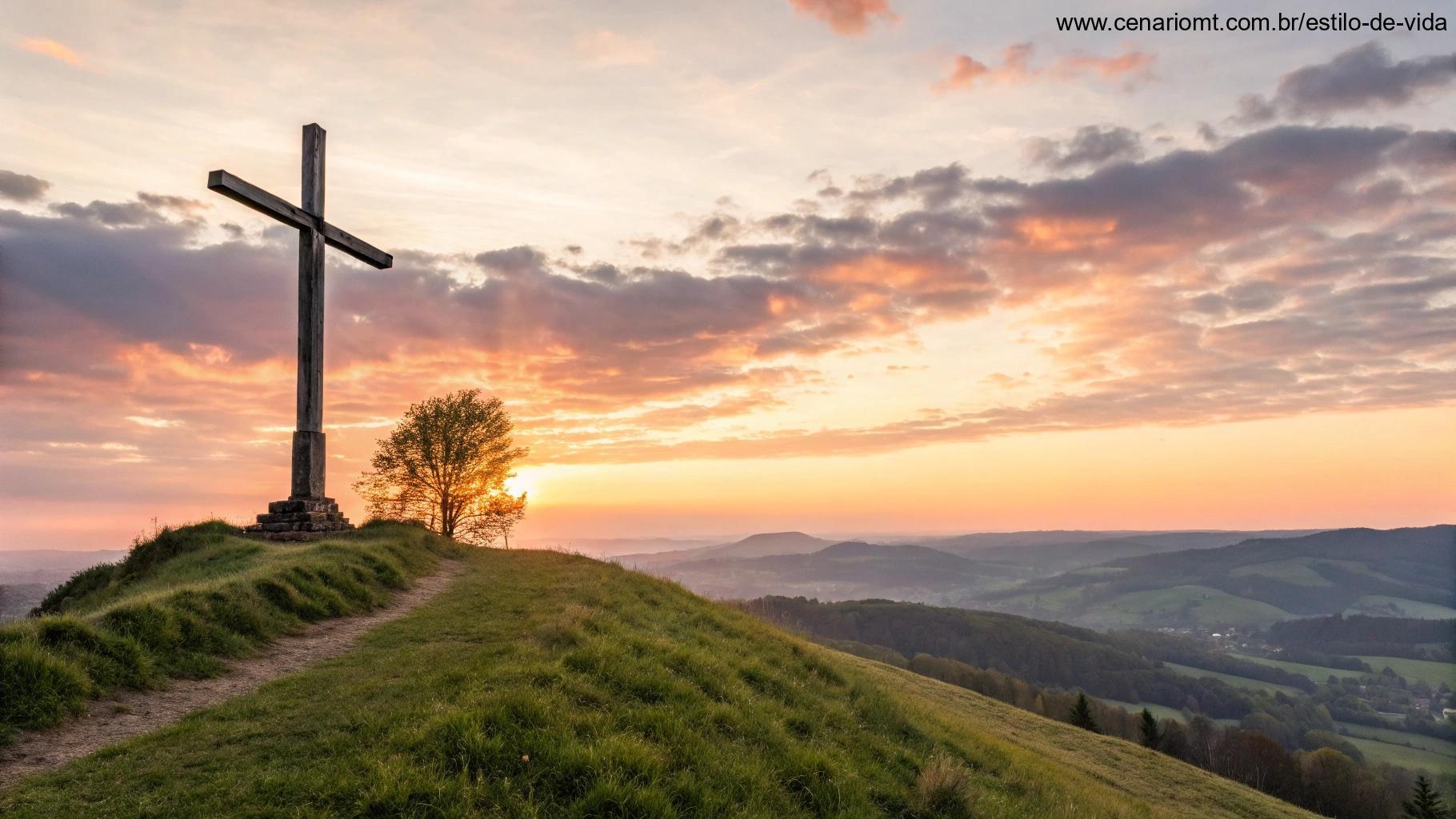 Cruz de madeira em uma colina ao nascer do sol com luz radiante ao fundo