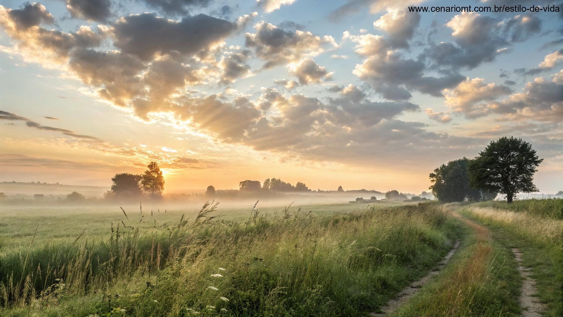 O nascer do sol sobre o campo, com nuvens suaves no céu e uma brisa movendo a grama alta.