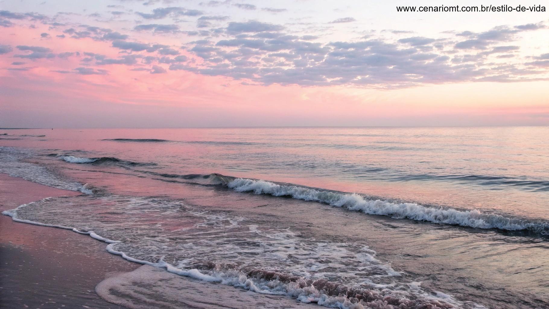 Cena calma de oceano com ondas suaves batendo na praia sob um céu suave de tons rosa ao amanhecer.
