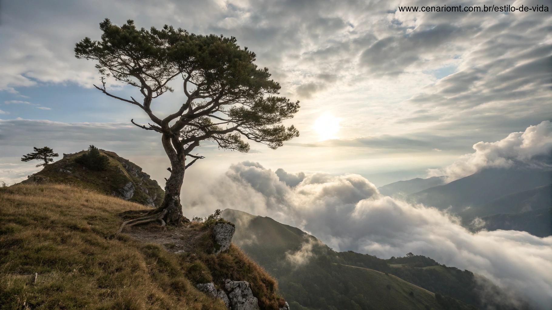 Árvore forte e resistente no topo de uma montanha.