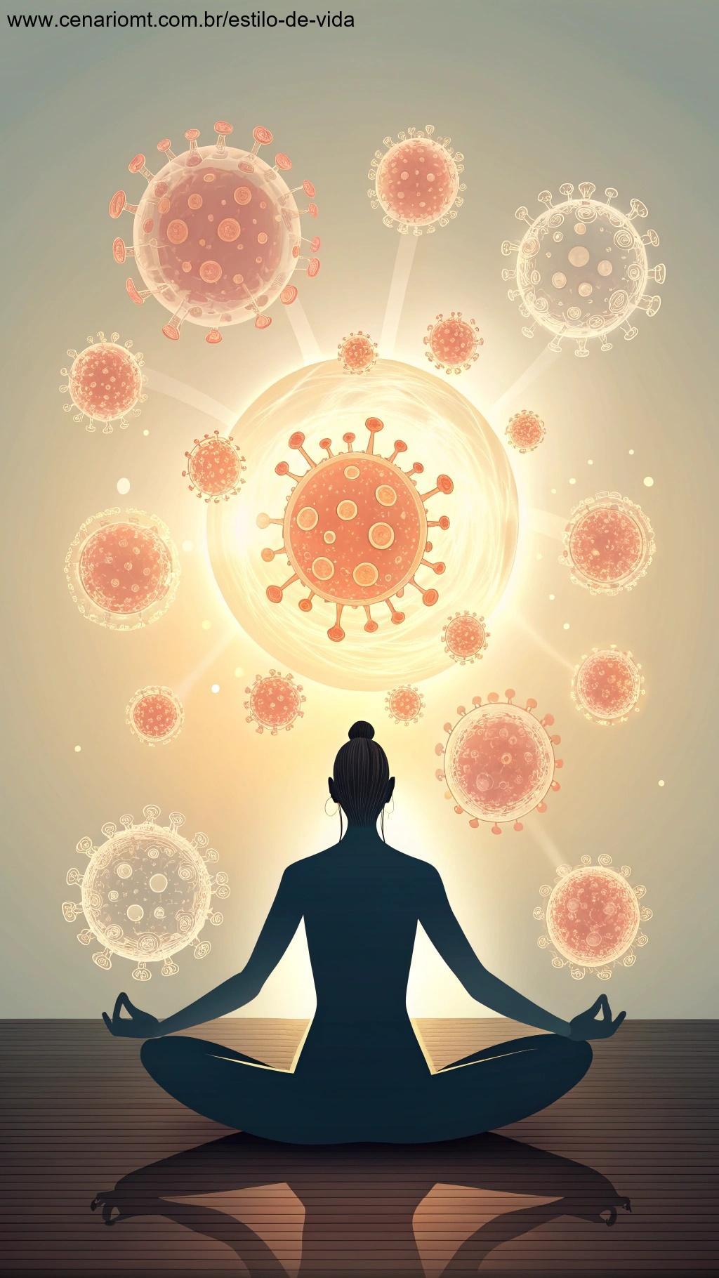 Um praticante de yoga cercado por esferas brilhantes representando o fortalecimento do sistema imunológico