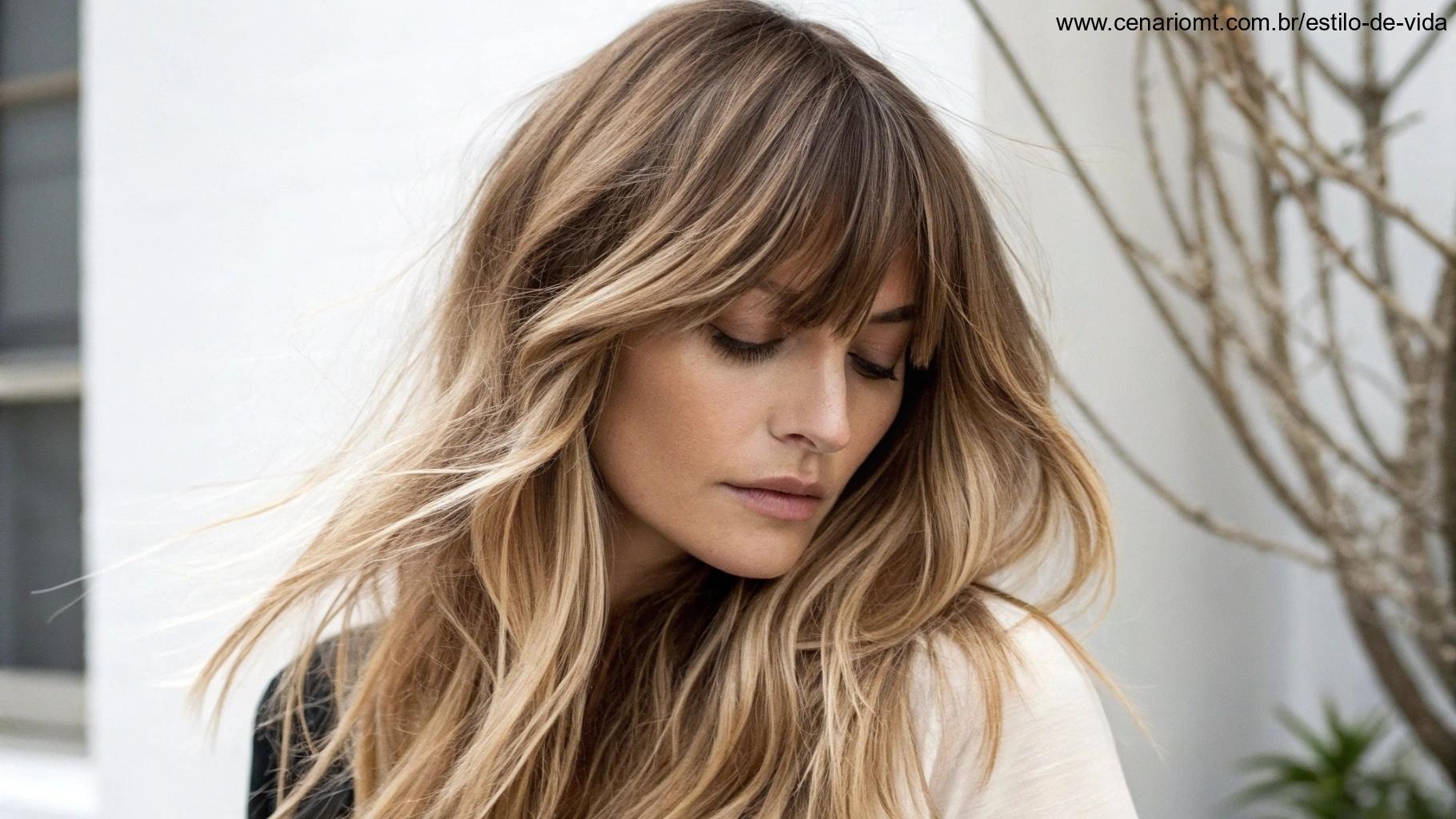 Mulher com franja repicada e cabelo longo
