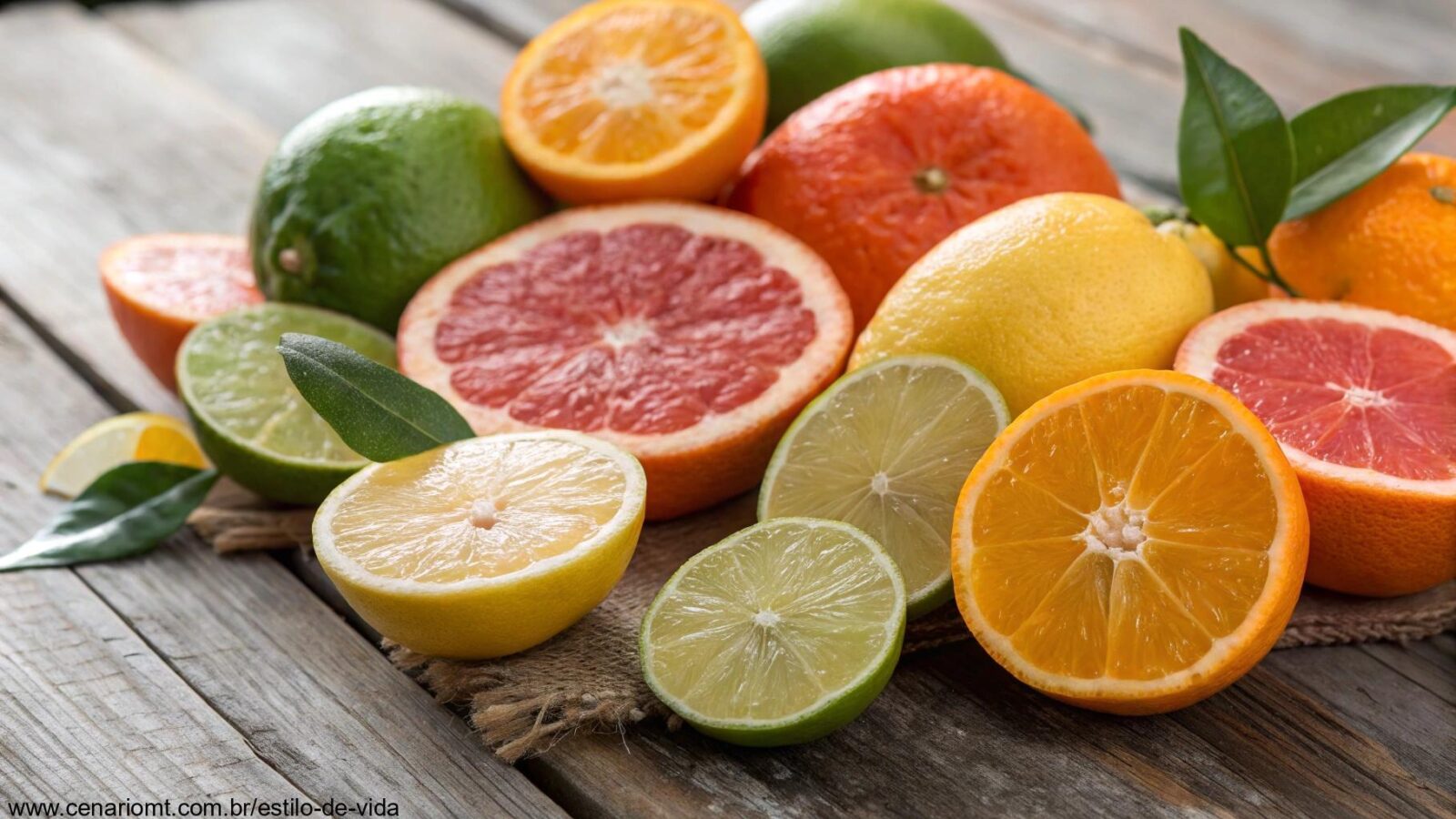 Frutas cítricas frescas dispostas sobre uma mesa rústica, incluindo laranjas, limões, limas e toranjas cortadas.