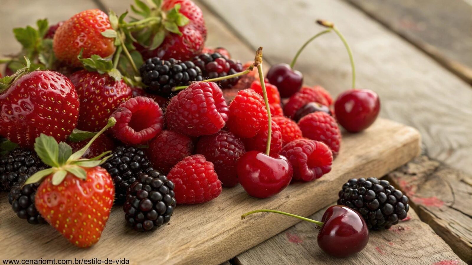 Uma composição vibrante de frutas vermelhas frescas sobre uma superfície rústica de madeira.