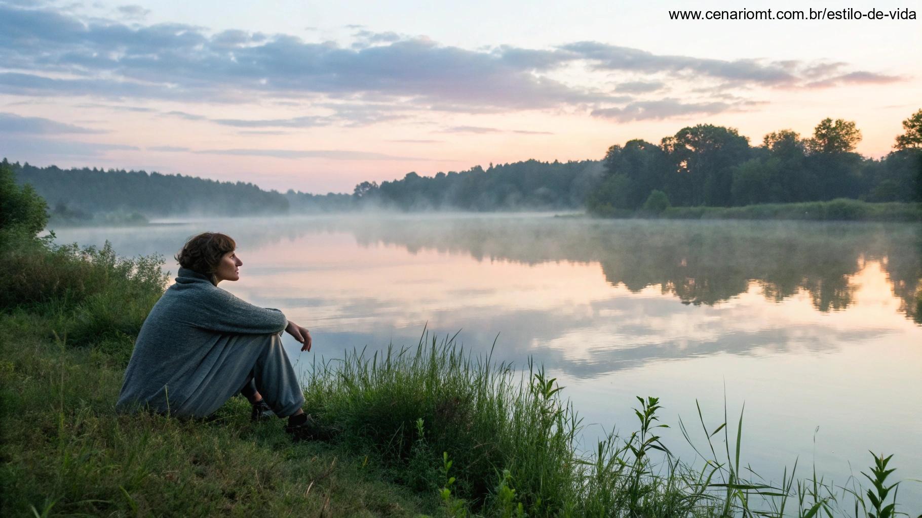 Pessoa contemplando o lago ao amanhecer, expressando gratidão por um novo dia.