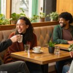 Grupo de pessoas conversando de forma descontraída em um café aconchegante