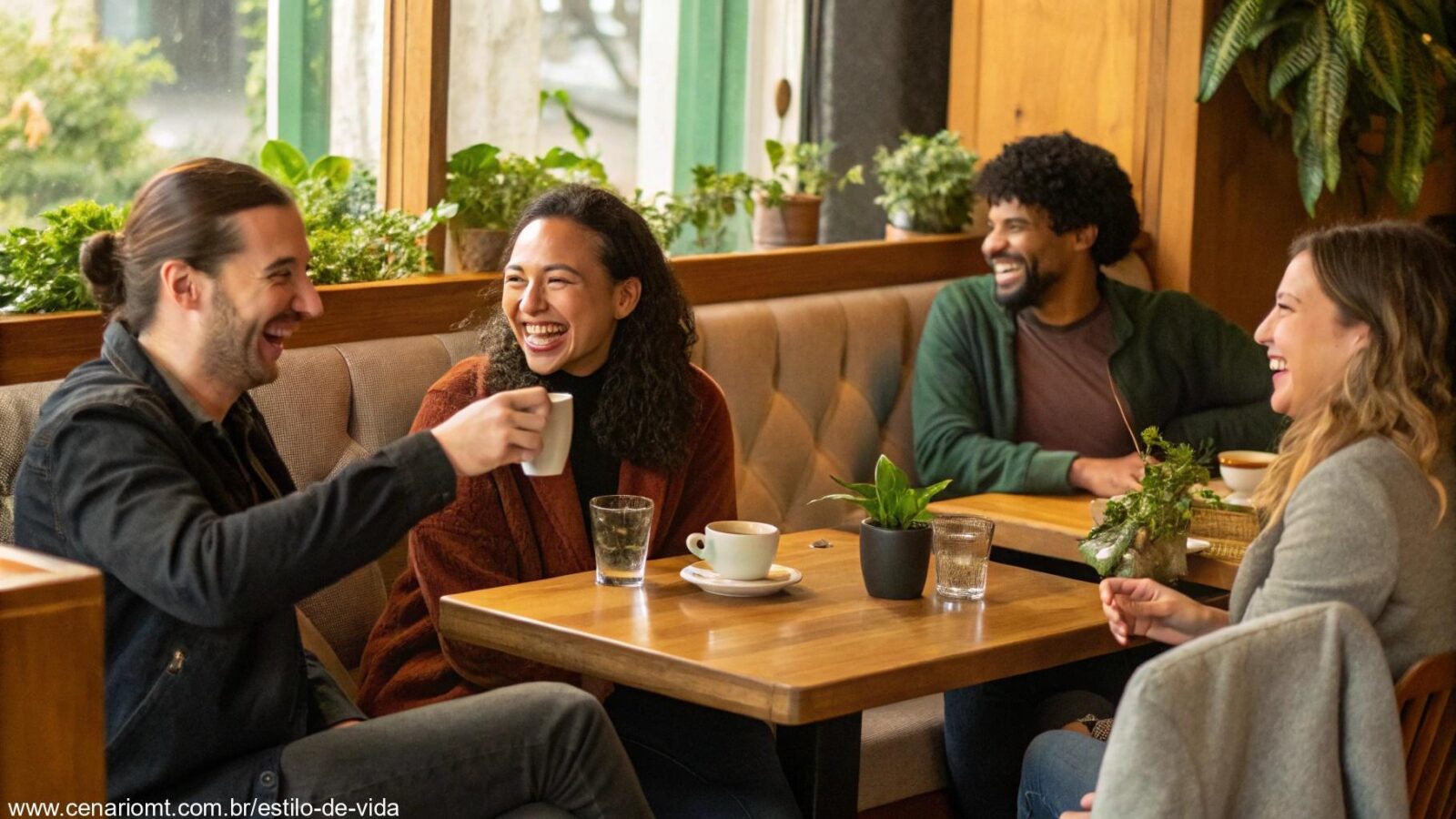 Grupo de pessoas conversando de forma descontraída em um café aconchegante
