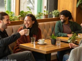 Grupo de pessoas conversando de forma descontraída em um café aconchegante