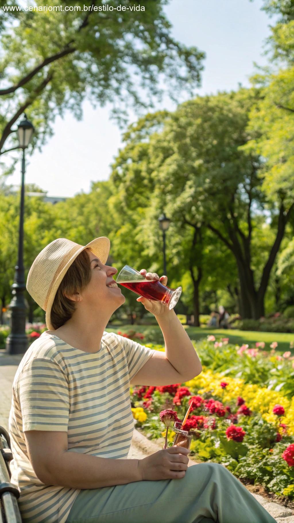Pessoa bebendo limonada de hibisco em um parque ensolarado.