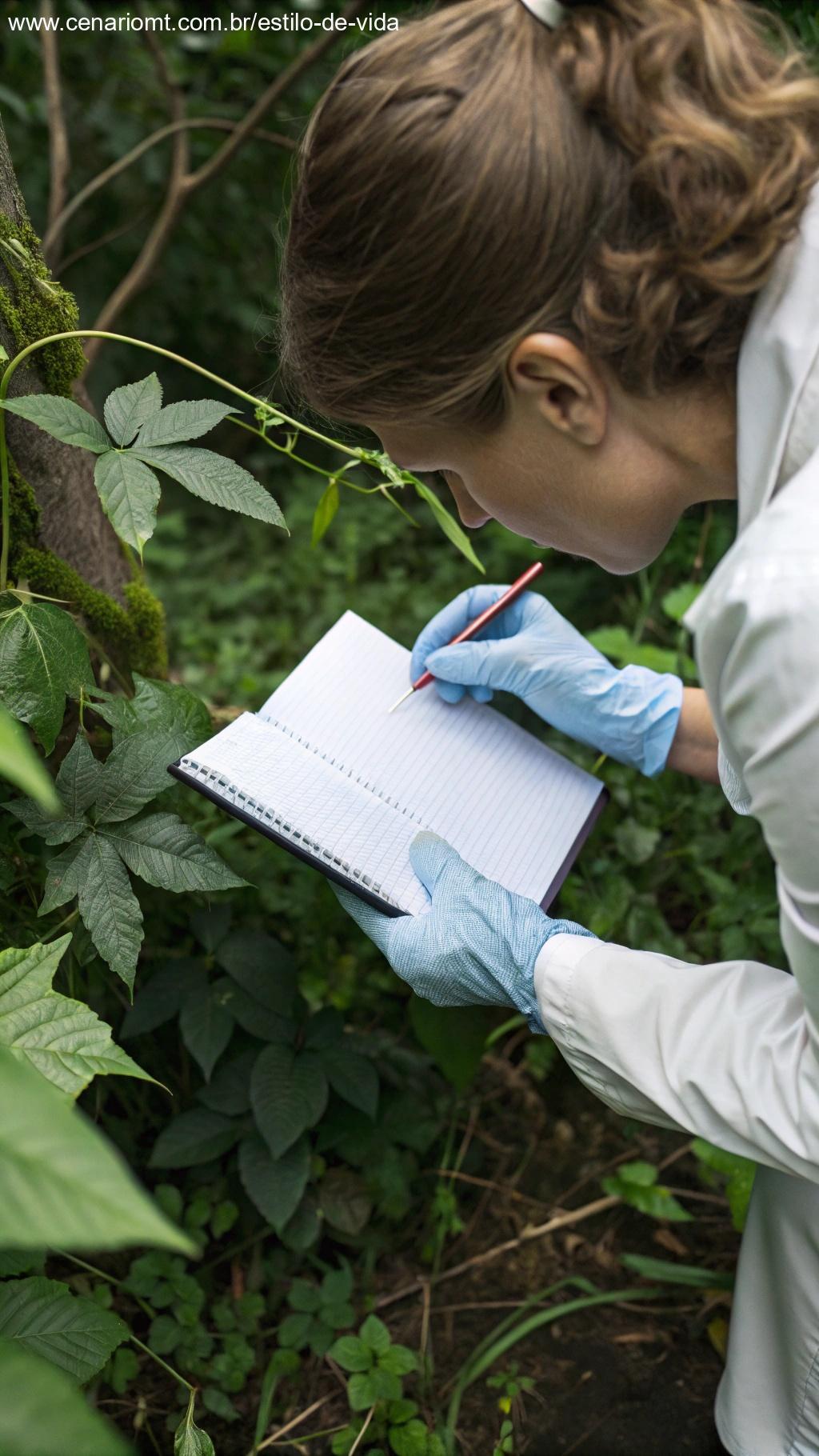 Pessoa usando luvas inspecionando uma planta suspeita e anotando em um caderno.