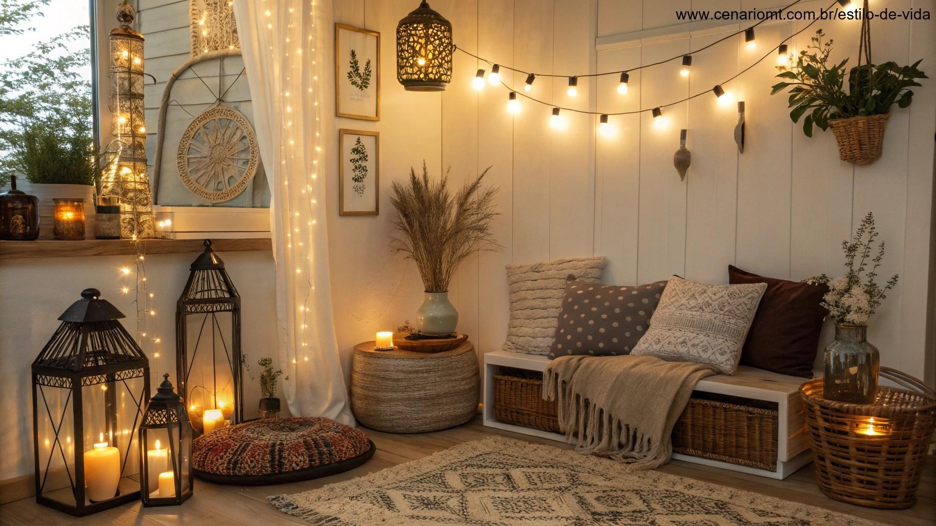 Um pequeno espaço elegante decorado com iluminação quente, como lanternas, luzes de corda e velas, combinado com itens decorativos como vasos, almofadas e quadros.