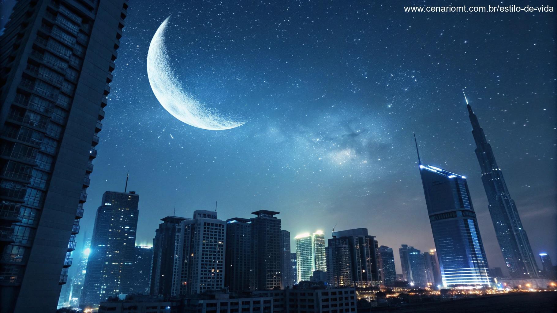 Lua minguante em Aquário lançando um brilho azulado sobre uma paisagem urbana futurista.