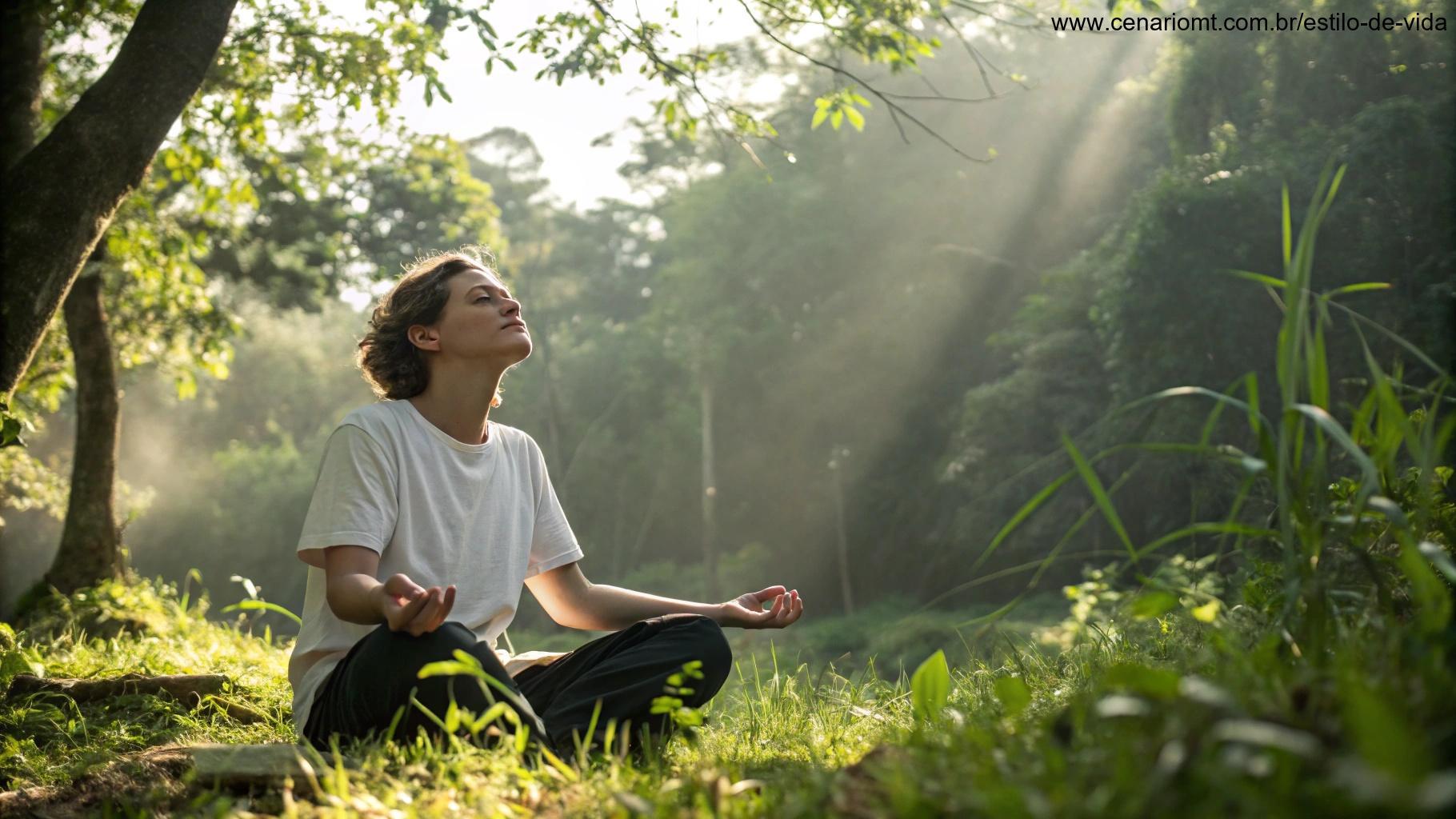 Pessoa praticando mindfulness em um cenário natural, com olhos fechados e expressão tranquila.