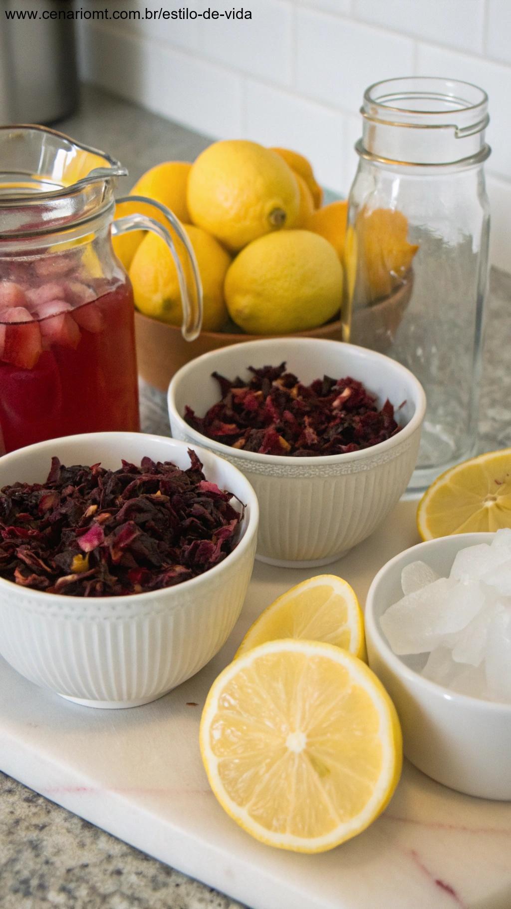 Ingredientes para fazer limonada de hibisco dispostos em uma bancada.