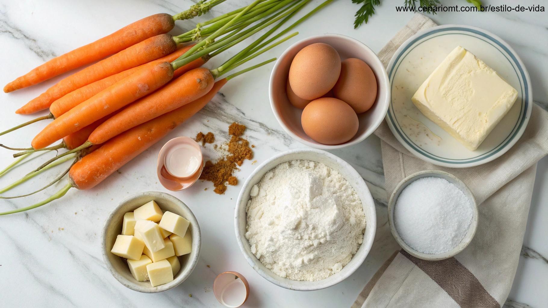 Ingredientes essenciais para o bolo de cenoura dispostos em uma bancada de mármore com luz natural.